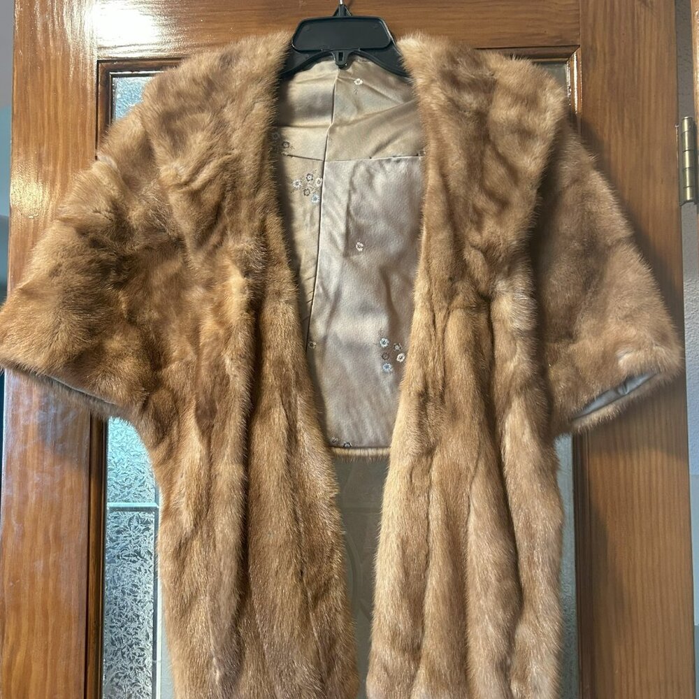 Vintage 1960's Women's Brown Real Mink Fur Stole With Pockets Size S-M